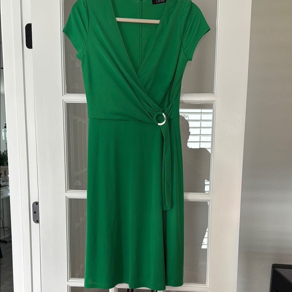 Lauren Ralph Lauren Green Ruched Wrap Midi Dress